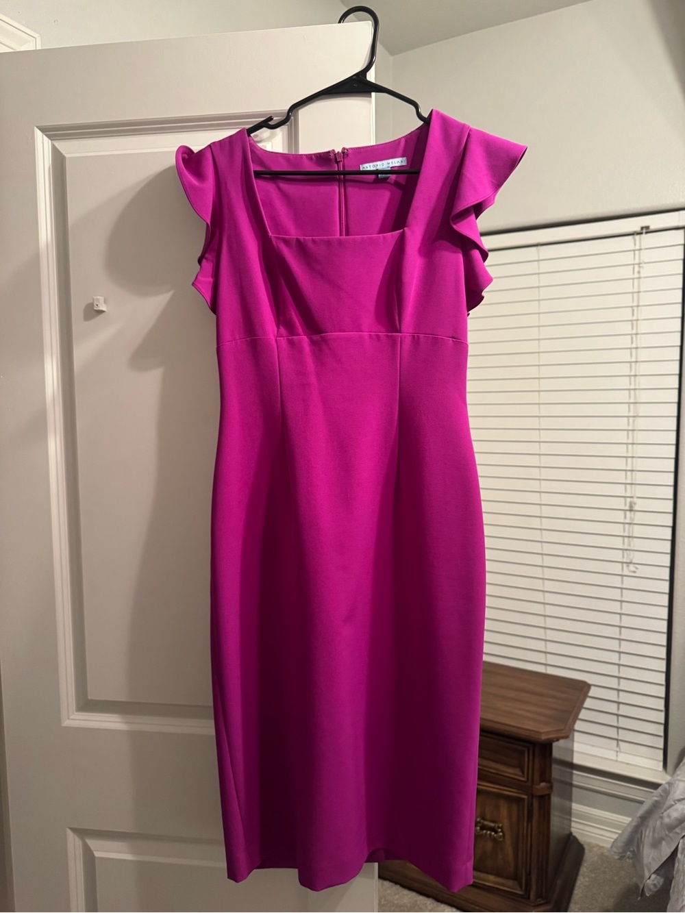 ANTONIO MELANI Magenta Square-Neck Midi Dress with Flutter Sleeves